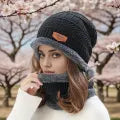 Men and Women Winter Cap and neck Elastic Knitting Thick Fleece Warm Woolen Beanie Cap Sport Hat & Neck Scarf Set